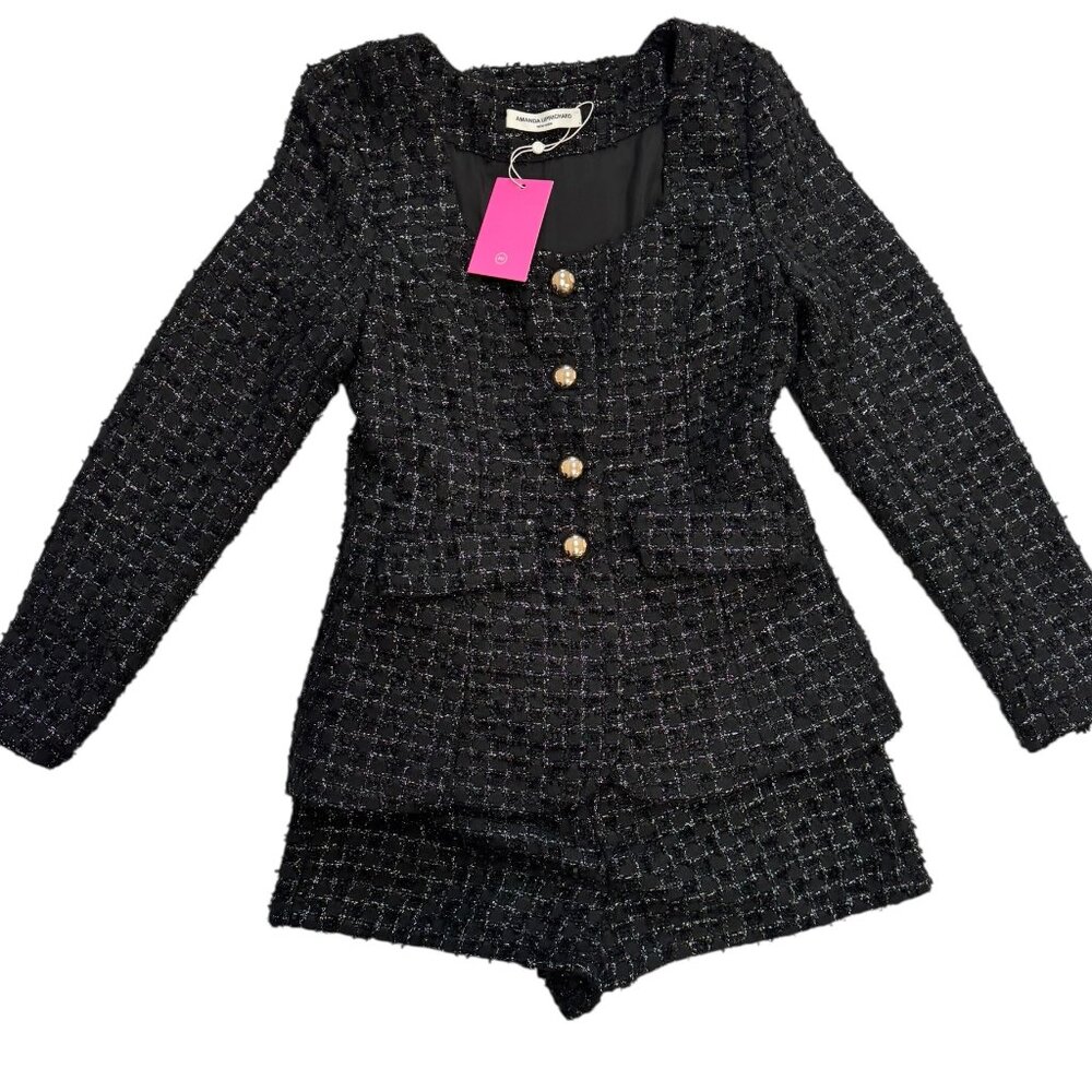 Amanda Uprichard Black Tweed Romper Jumpsuit with Gold Buttons